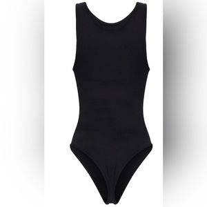 Basic Black Cotton Blend Plunge Sleeveless Bodysuit